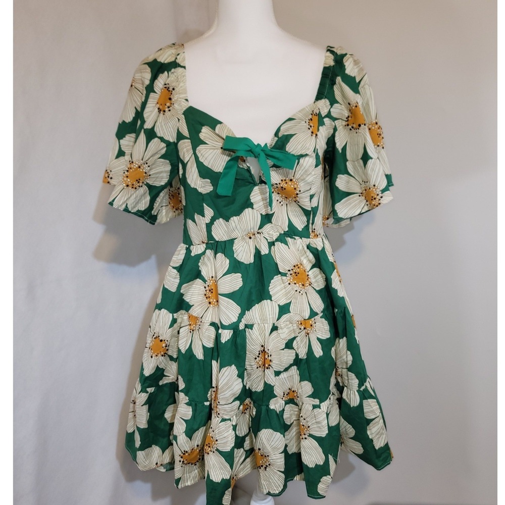 NWT Umgee Floral Mini Dress Green White Daisy Tiered Flutter Sleeve L